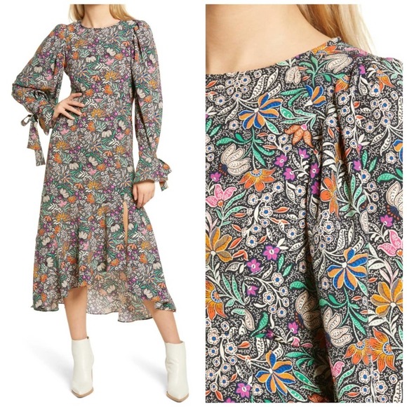 Topshop Dresses & Skirts - Topshop Women's Floral Paisley Long Sleeve High Low Midi Dress, Size 8